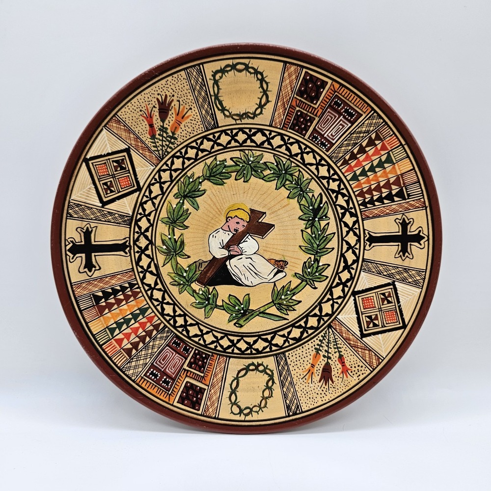 VTG Folk Art European Religious Red Clay Wall Plate Hand Painted Pottery Christ